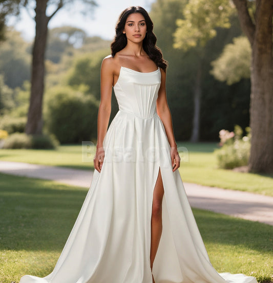 WD0088 Elegant White Strapless A-Line Side Slit Wedding Dress with Train