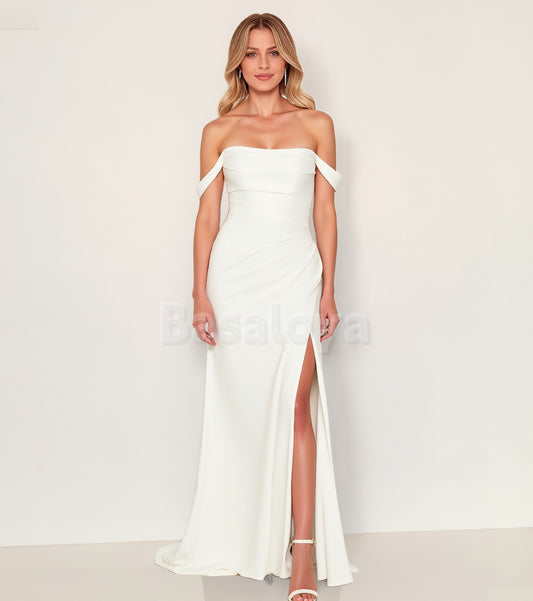 WD0089 Elegant White Off-Shoulder Sheath Pleats Wedding Dress with Slit
