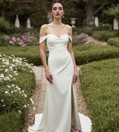 WD0090 Graceful White Off-Shoulder Sheath Side Slit Bridal Gown with Train