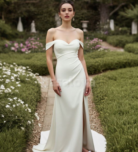 WD0090 Graceful White Off-Shoulder Sheath Side Slit Bridal Gown with Train