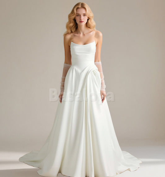 WD0092 Gorgeous White A-Line Strapless Pleated Wedding Dress with Gloves