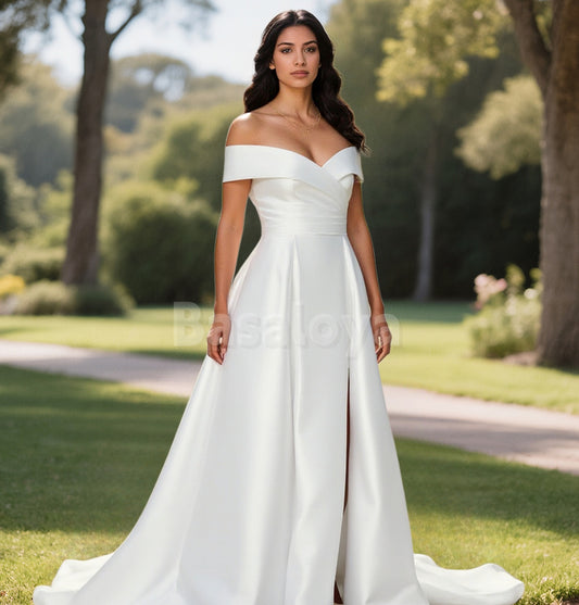 WD0093 Elegant White Off-Shoulder A-Line Bridal Wedding Gown with Slit
