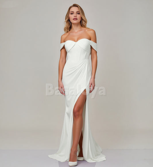 WD0095 Classic White Off-Shoulder Mermaid Pleats Wedding Gown with Slit