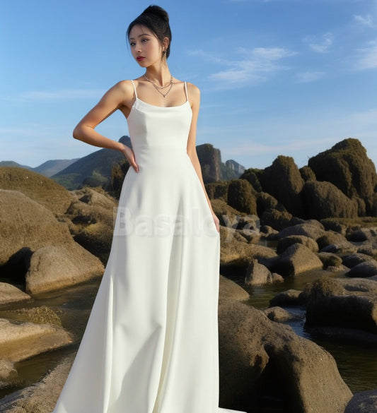 WD0096 Simple White Spaghetti Straps Straight Satin Wedding Dress with Train