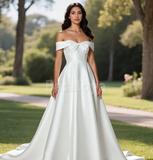 WD0097 Graceful White A-Line Off-Shoulder Bridal Wedding Gown with Train