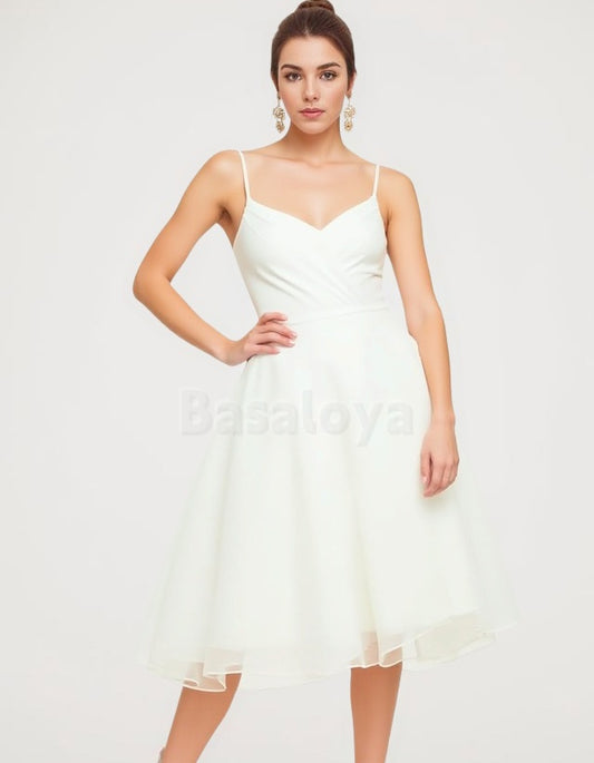 WD0098 Classic White V-Neck Spaghetti Straps A-Line Short Wedding Dress