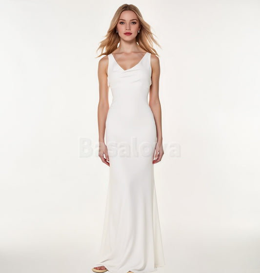 WD0099 Simple V-Neck Straps Sheath Satin Bridal Gown Boho Wedding Dress