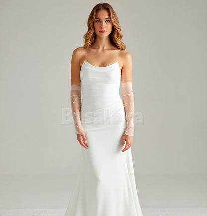 WD0100 Luxury White Strapless Mermaid Wedding Dress with Pearl Sleeves