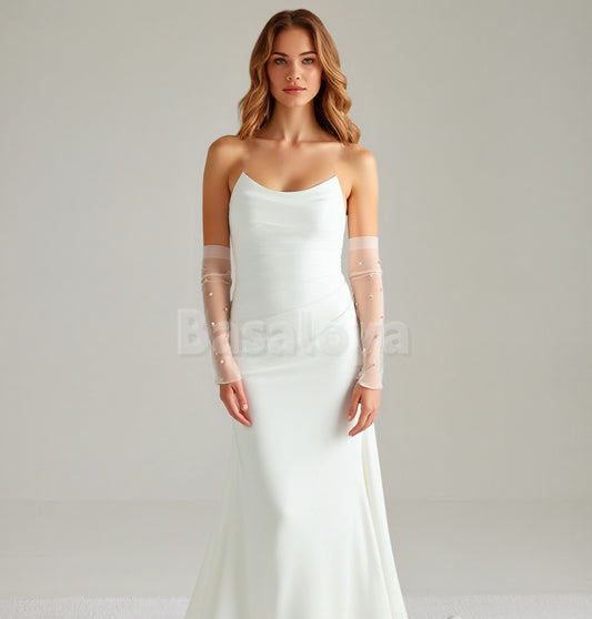 WD0100 Luxury White Strapless Mermaid Wedding Dress with Pearl Sleeves