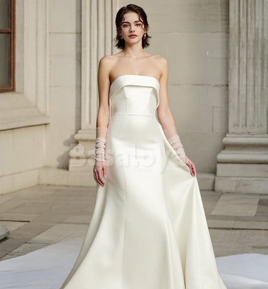 WD0101 Glamorous Strapless Mermaid Bow Overskirt Wedding Dress with Gloves