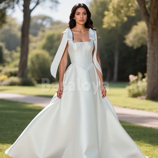 WD0103 Graceful Square Neck A-Line Wedding Dress with Bows Bridal Gown