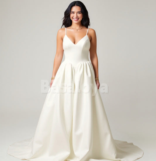 WD0105 Classic Spaghetti Straps A-Line V-Neck Wedding Gown with Train