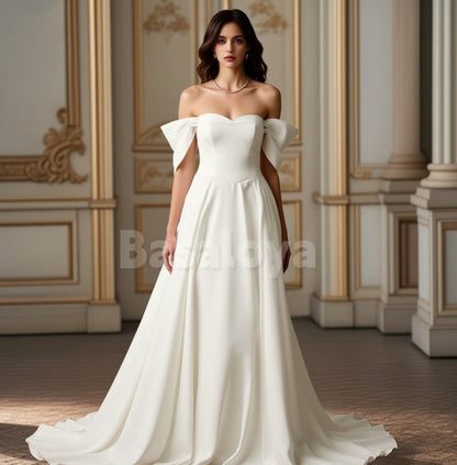 WD0106 Graceful White A-Line Off-Shoulder Pleats Wedding Dress Bridal Gown
