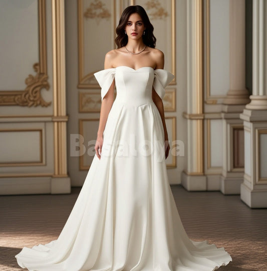 WD0106 Graceful White A-Line Off-Shoulder Pleats Wedding Dress Bridal Gown
