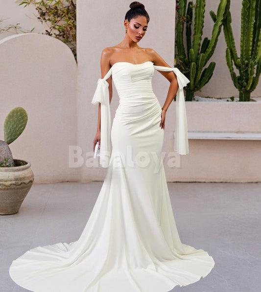 WD0107 Simple White Off-Shoulder Mermaid Bow Wedding Dress with Train