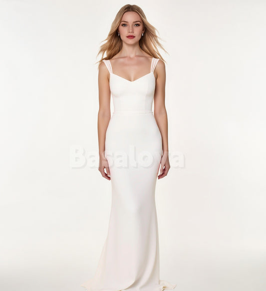 WD0108 Classic White V-Neck Bodycon Satin Wedding Dress Boho Gowns