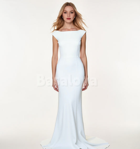 WD0110 Elegant White Scoop Neck Mermaid Bridal Wedding Dress with Train