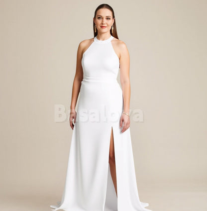 WD0111 Simple White Halter Neck A-Line Wedding Gown with Slit Bridal Gown