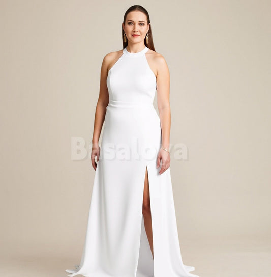 WD0111 Simple White Halter Neck A-Line Wedding Gown with Slit Bridal Gown