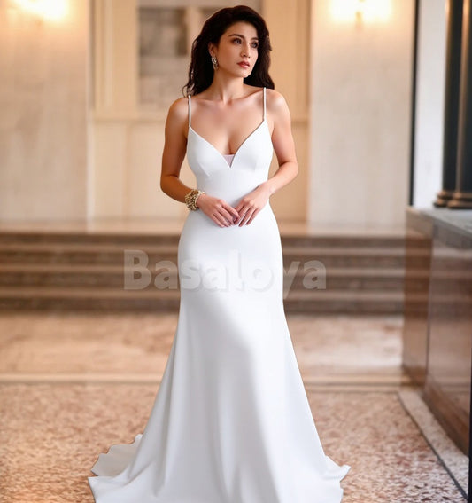 WD0112 Classic White Spaghetti Straps V-Neck Sheath Wedding Dress with Train