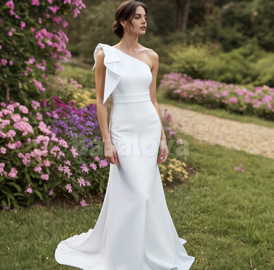 WD0113 Elegant White One Shoulder Mermaid Wedding Dress Bridal Gown