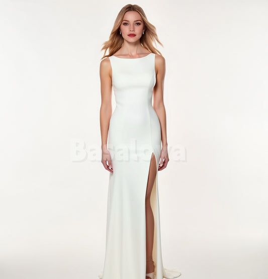 WD0114 Elegant Scoop Neck Sheath Wedding Dress with Slit Bridal Gown