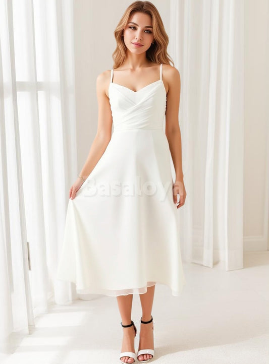 WD0130 Simple White V-Neck Spaghetti Straps A-Line Midi Wedding Dress