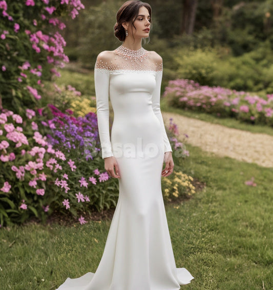 WD0109 Luxury Beaded White High Neck Long Sleeves Mermaid Wedding Gown