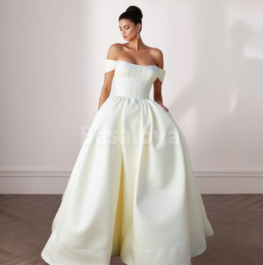 WD0102 Gorgeous Off-Shoulder A-Line Satin Ball Gown Wedding Dress