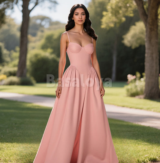 SP0244 Graceful Pink Spaghetti Straps A-Line Satin Prom Dress Party Gown