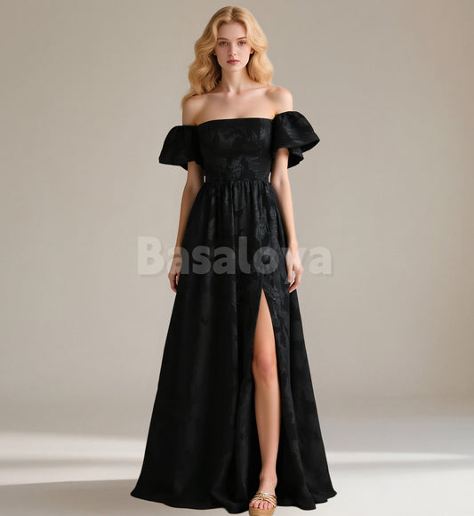 SP0245 Gorgeous Black A-Line Short Sleeves Pleats Prom Formal Dress with Slit
