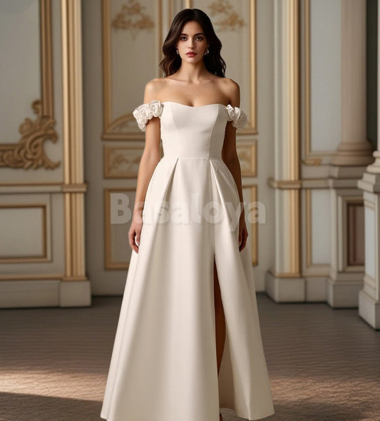 SP0249 Graceful Cream 3D Floral Off Shoulder A-Line Prom Dress with Slit