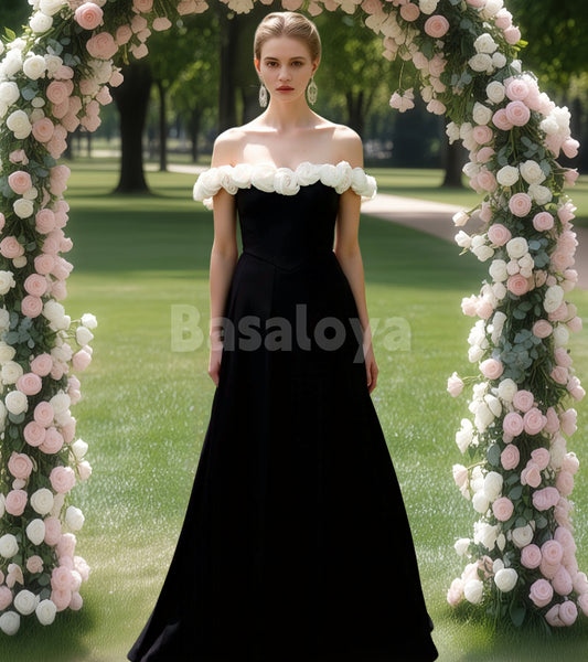 SP0250 Graceful 3D Floral Black A-Line Off-Shoulder Prom Evening Dress