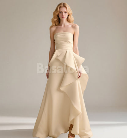 SP0251 Elegant Beige Strapless A-Line Pleats Prom Dress Formal Gown with Slit