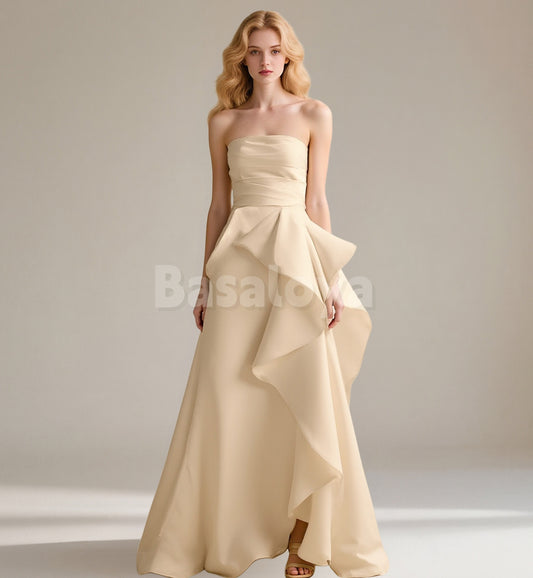 SP0251 Elegant Beige Strapless A-Line Pleats Prom Dress Formal Gown with Slit