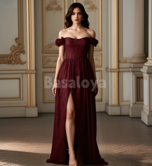 SP0252 Gorgeous 3D Floral Burgundy Off-Shoulder A-Line Prom Formal Gown