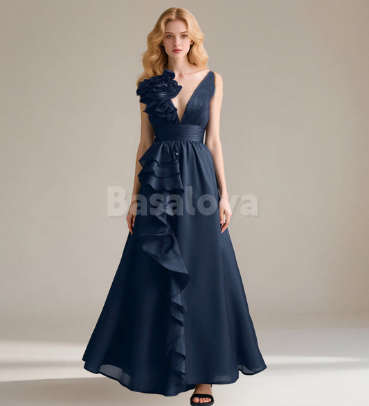SP0255 Graceful Navy V-Neck A-Line Long Evening Prom Dress with Pleats