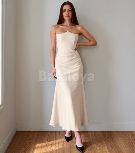 SP0256 Classic Beige Asymmetrical Neck Bodycon Satin Prom Dress