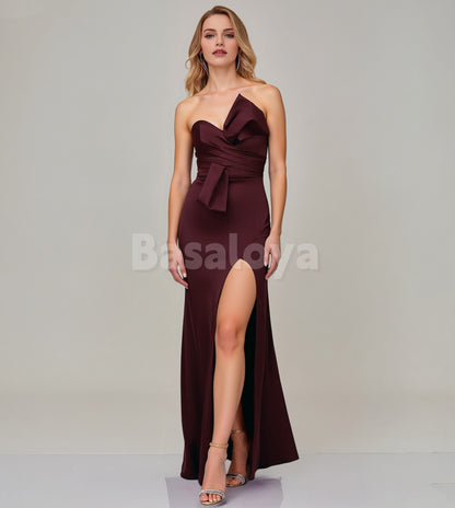 SP0258 Graceful Cabernet Strapless Bodycon Pleats Prom Formal Dress with Slit