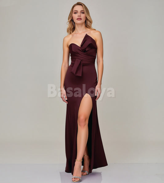 SP0258 Graceful Cabernet Strapless Bodycon Pleats Prom Formal Dress with Slit