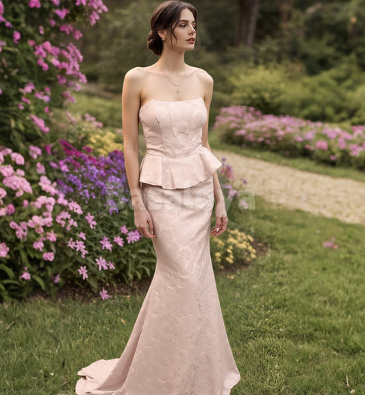 SP0260 Graceful Printed Pink Strapless Mermaid Long Prom Dress Party Gown