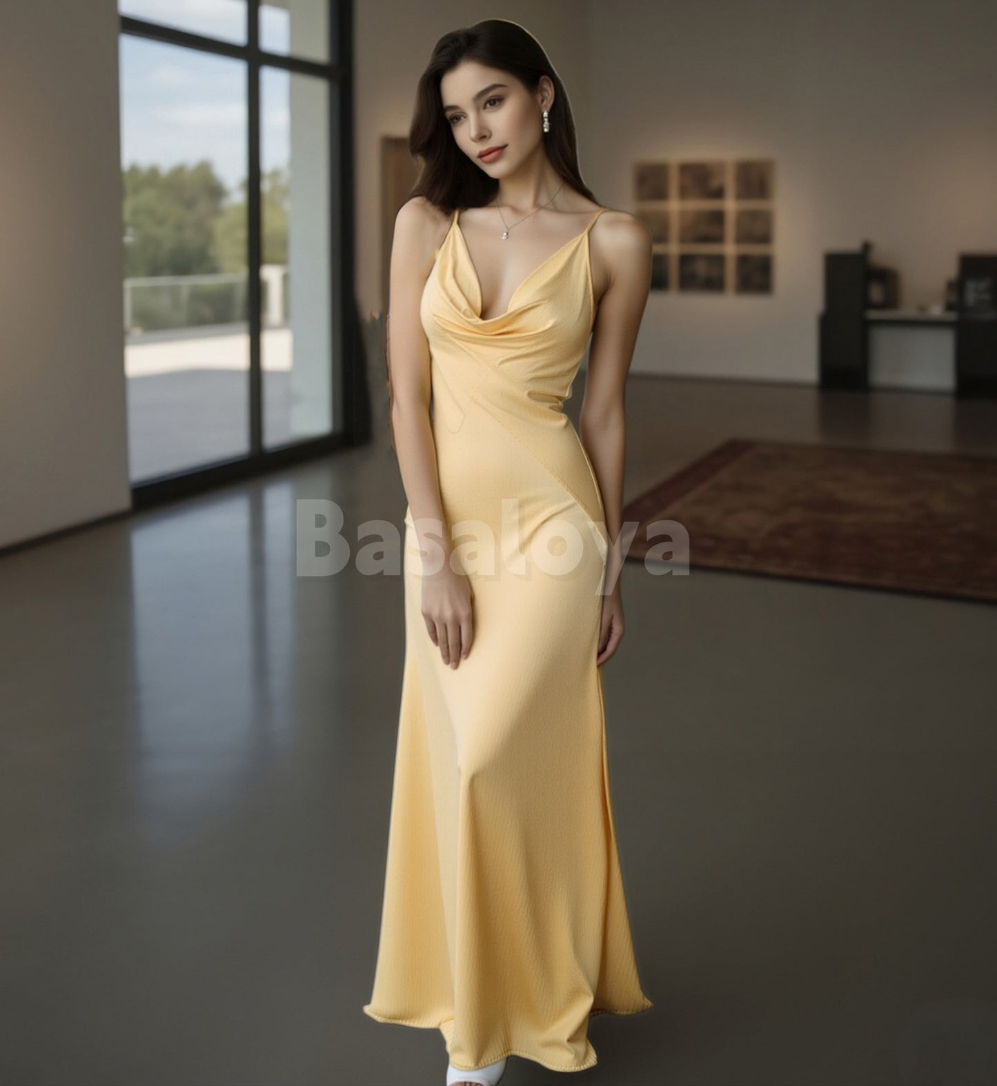 BM0002 Simple Yellow Spaghetti Straps Sheath Satin Maxi Dress Bridesmaid Dress