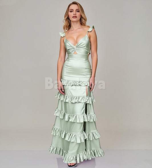 BM0006 Elegant Sage V-Neck Straps Tiered Satin Bridesmaid Dress with Slit