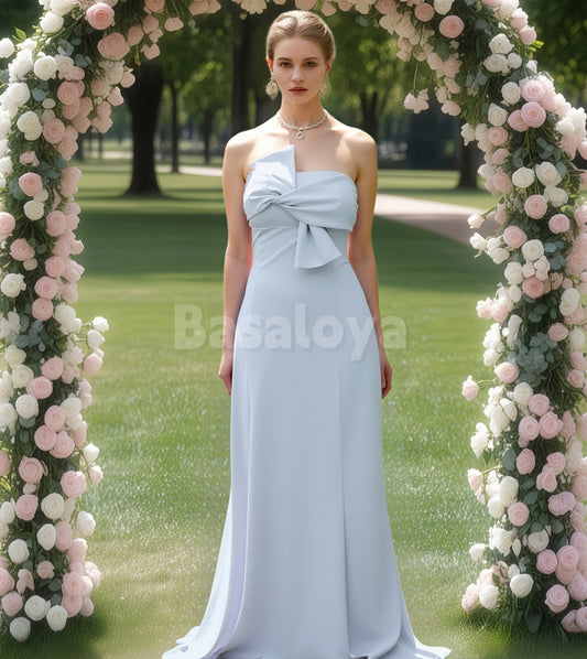 BM0008 Elegant Blue Strapless Sheath Satin Prom Dress Bridesmaid Gown