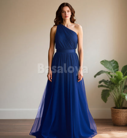 BM0009 Elegant Blue One Shoulder A-Line Lace Bridesmaid Dresses