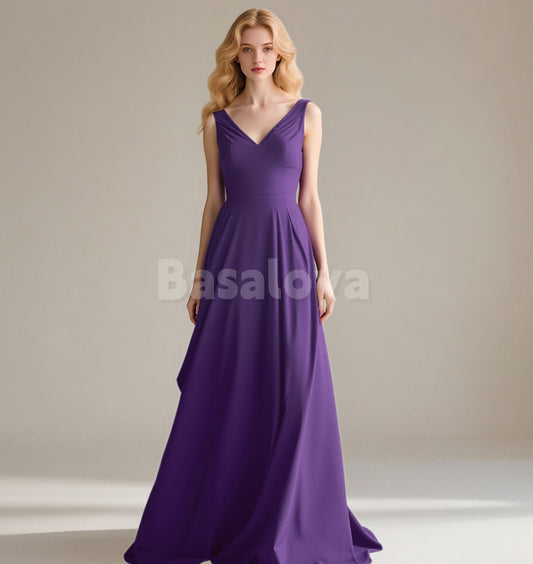 BM0012 Classic Purple V-Neck A-Line Chiffon Bridesmaid Dress Maxi Dress