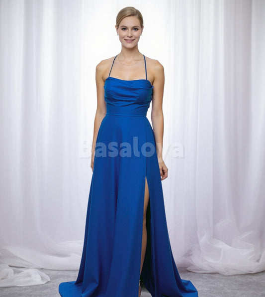 BM0014 Graceful Royal Blue A-Line Spaghetti Straps Bridesmaid Dress with Slit