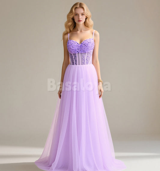 BM0015 Glamorous Spaghetti Straps A-Line Sequin Appliques Bridesmaid Gown