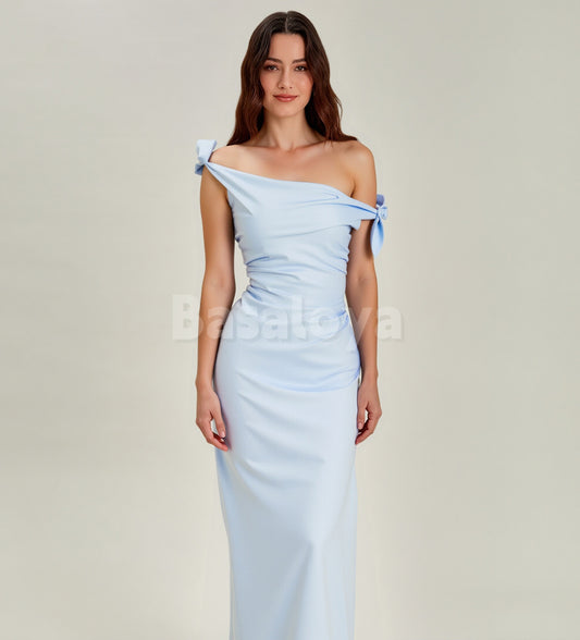 BM0016 Simple Blue Off-Shoulder Sheath Satin Bridesmaid Dress with Bow