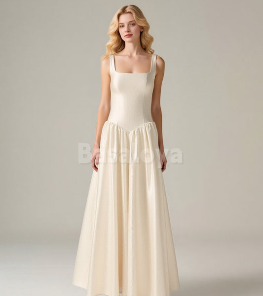SP0261 Elegant Champagne Square Neck A-Line Prom Formal Gown with Pockets